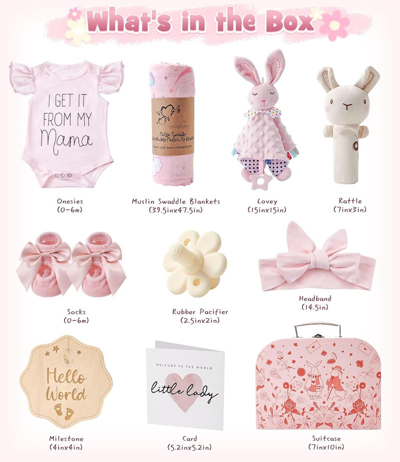Golray Baby Shower Gifts for Girls, Baby Girl Gifts Baskets with Rattle, Blanket/Bodysuit Set, New Born Essential Stuff, Gender Reveal Ideas Infant New Born Baby Girls Gift Basket - Image 2